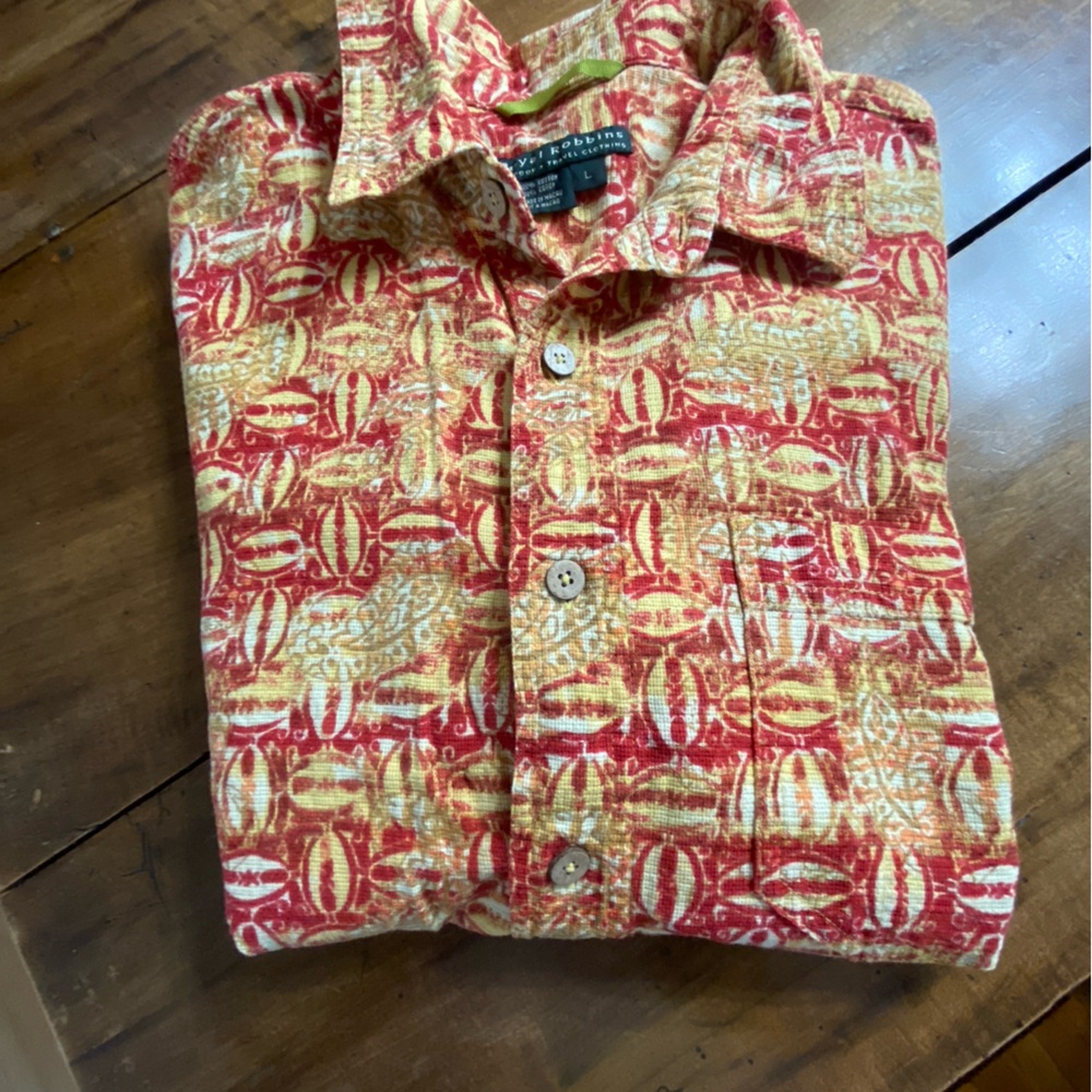 MEN’S Royal Robbins Outdoor and Travel  Red and Yellow Casual button up shirt.